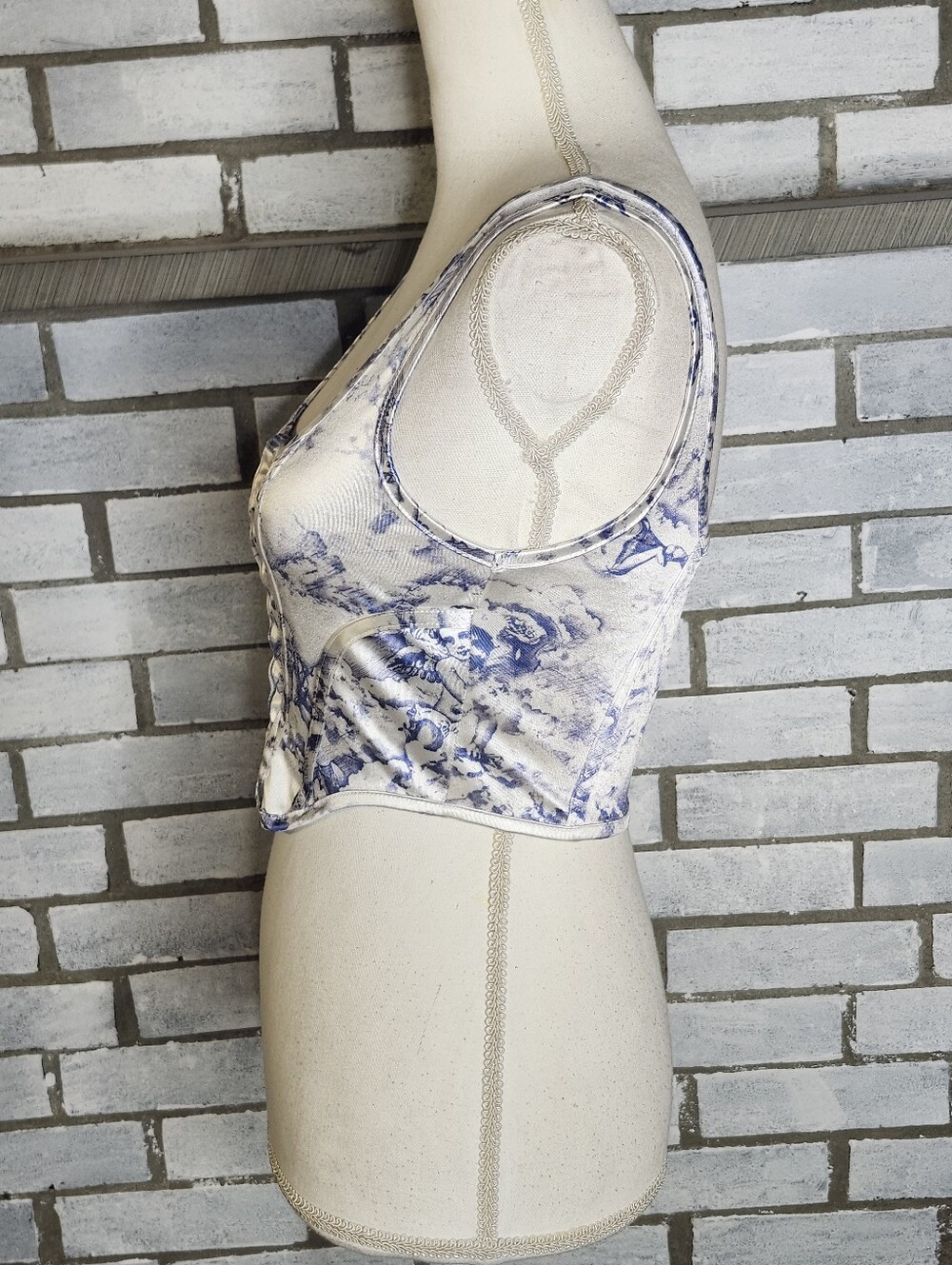 • Motel Rocks Sleeveless Satin Corset Front Closure Crop Top Small Blue White - Picture 3 of 9